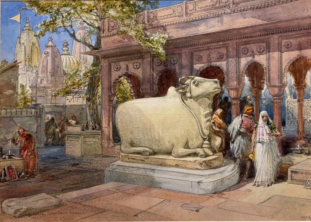 Nandi in the courtyard of Kashi Vishwanath Temple, Benares, William Simpson, 1864.
